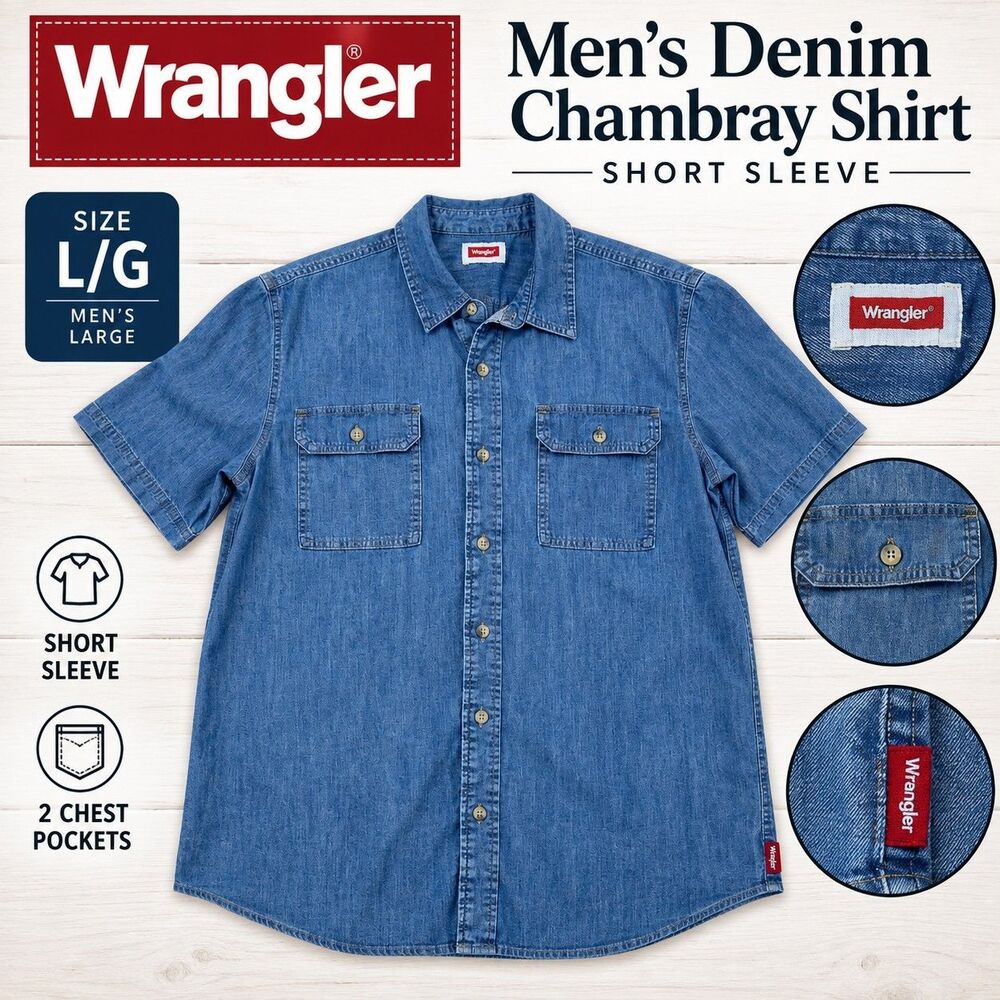 Wrangler Men's Large L/G Blue Denim Chambray Short Sleeve Shirt 2 Pocket